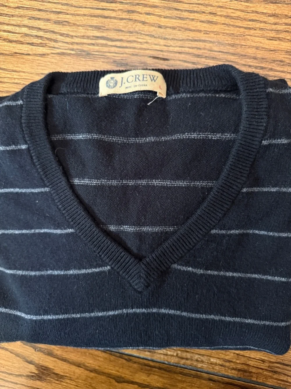 Men's J.Crew Cotton Cashmere V Neck Sweater Striped Black Gray Size L
